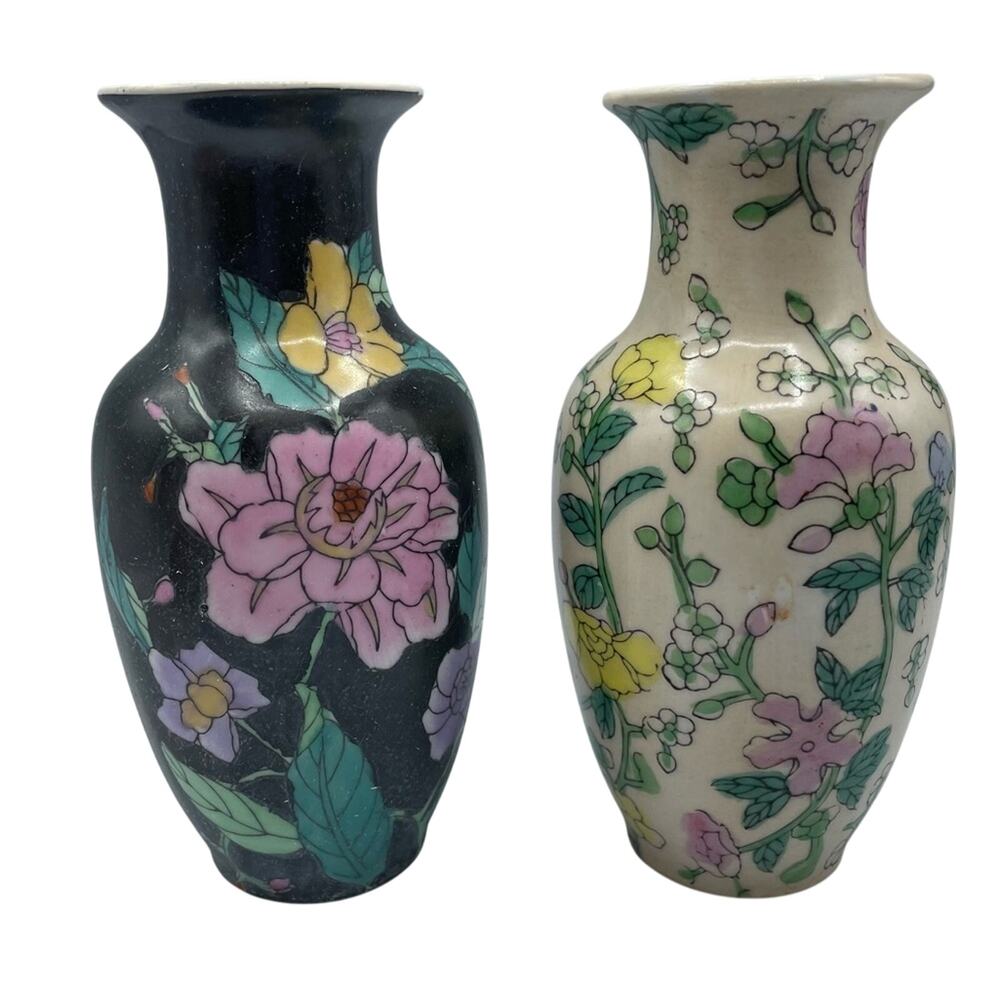 Vintage Mini Vase Set Black & White Floral Made in China
